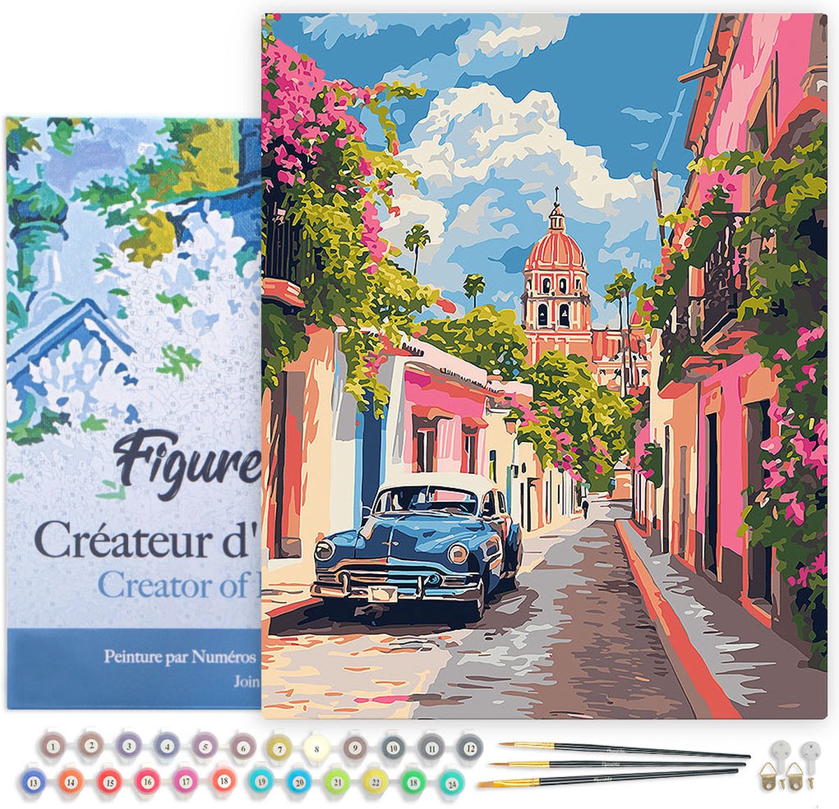 FiguredArt Schilderen op Nummer Volwassenen met lijst Klassieke Auto in Mexico-Stad - Handwerk acrylverf Kit DIY Compleet - 40x50cm Canvas al ingelijst